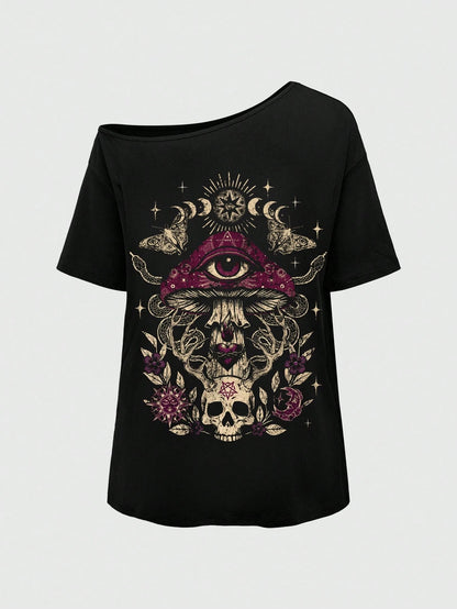 ROMWE Goth Plus Size Women's Asymmetrical Shoulder Cat Print Casual Daily Wear T-Shirt