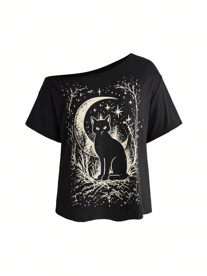 ROMWE Goth Plus Size Women's Asymmetrical Shoulder Cat Print Casual Daily Wear T-Shirt