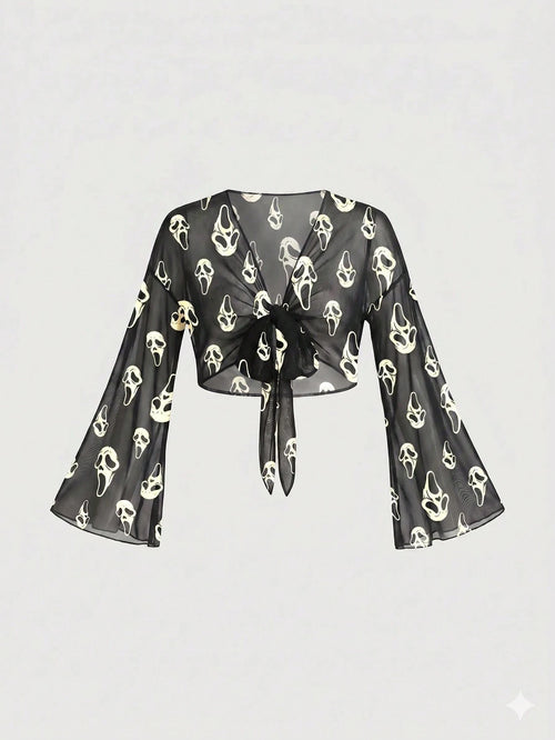 ROMWE Gothic Mystery Box Spooky Mask Sexy Plus Size Open Front Top For Women Fall