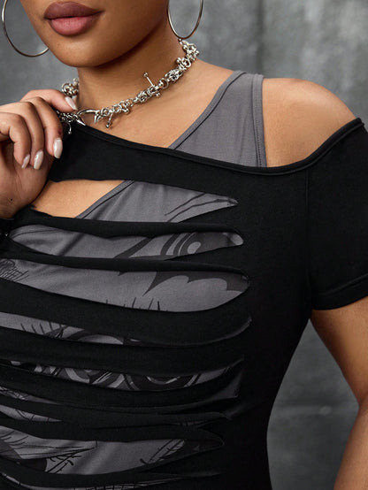 ROMWE Grunge Punk Plus Size Dark Punk 2 In 1 Distressed Ripped Edge Design Tight Fit T-Shirt