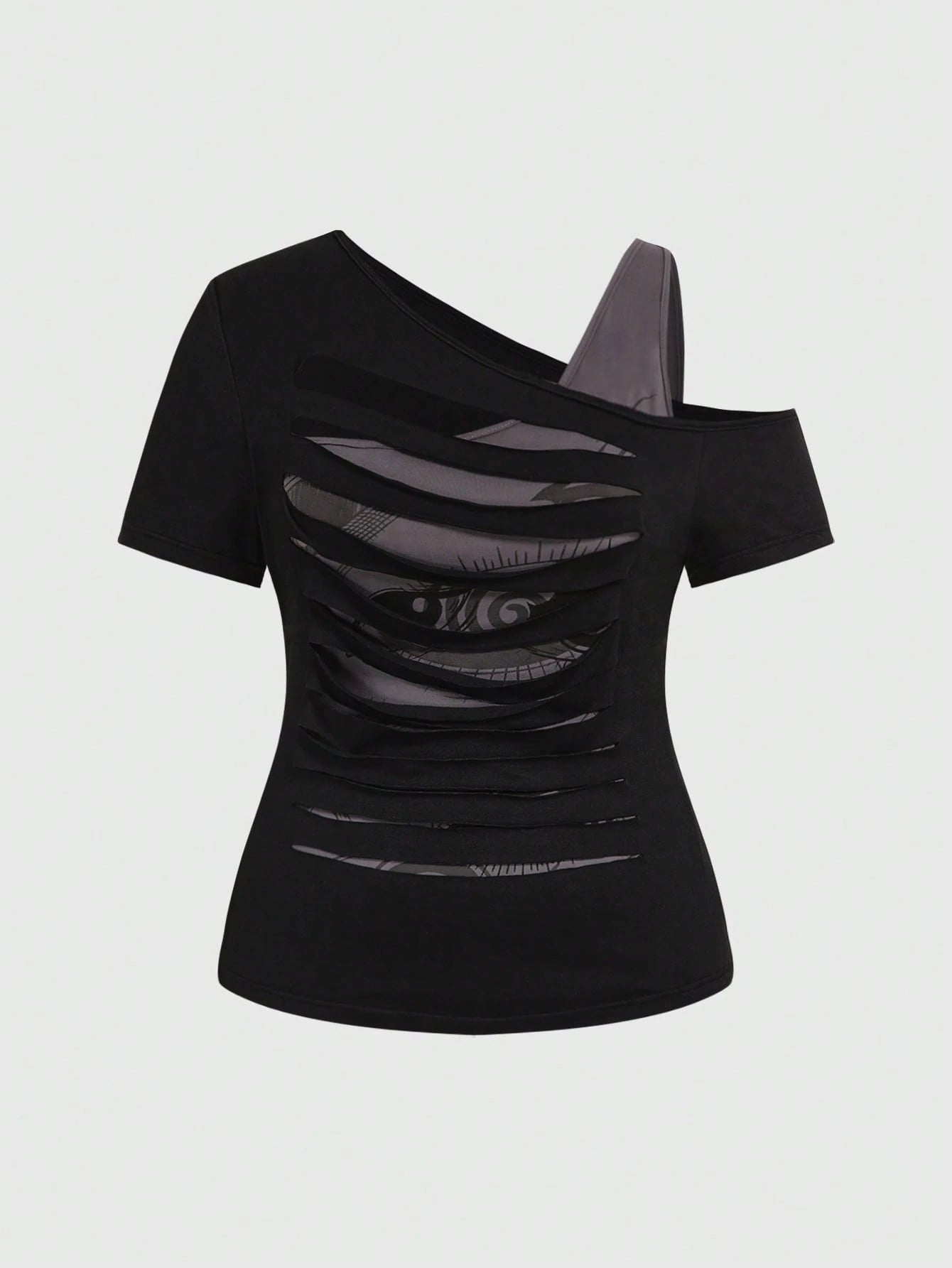 ROMWE Grunge Punk Plus Size Dark Punk 2 In 1 Distressed Ripped Edge Design Tight Fit T-Shirt