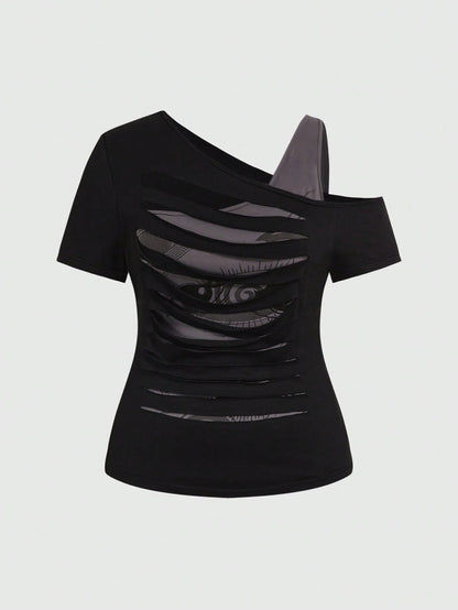 ROMWE Grunge Punk Plus Size Dark Punk 2 In 1 Distressed Ripped Edge Design Tight Fit T-Shirt