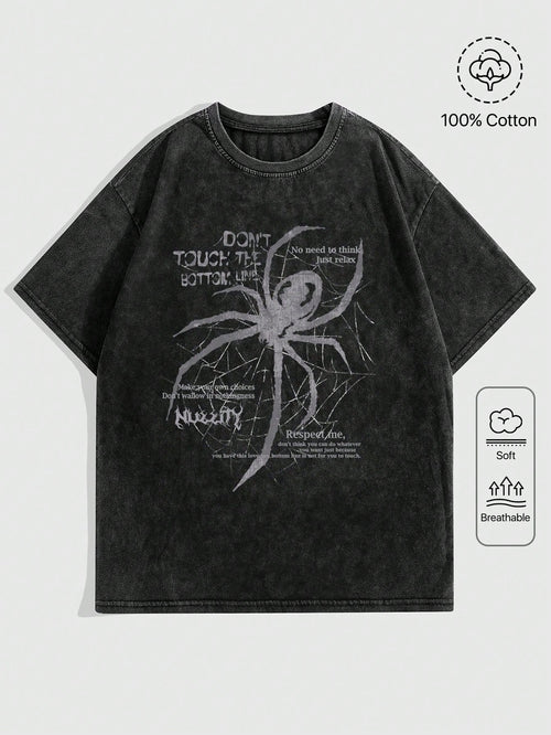 ROMWE Grunge Punk Plus Size Spider & Skull Printed Slogan T-Shirt With Frayed And Snow Washed Design, DON'T TOUCH THE BOTTOM LINE, School, For Summer