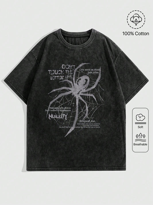 ROMWE Grunge Punk Plus Size Spider & Skull Printed Slogan T-Shirt With Frayed And Snow Washed Design, DON'T TOUCH THE BOTTOM LINE, School, For Summer