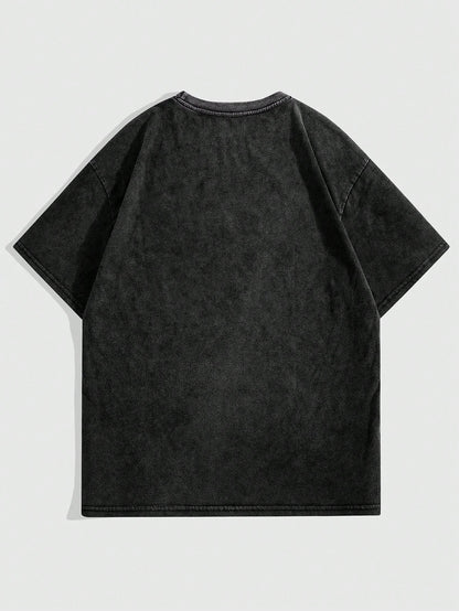ROMWE Grunge Punk Plus Size Spider & Skull Printed Slogan T-Shirt With Frayed And Snow Washed Design, DON'T TOUCH THE BOTTOM LINE, School, For Summer