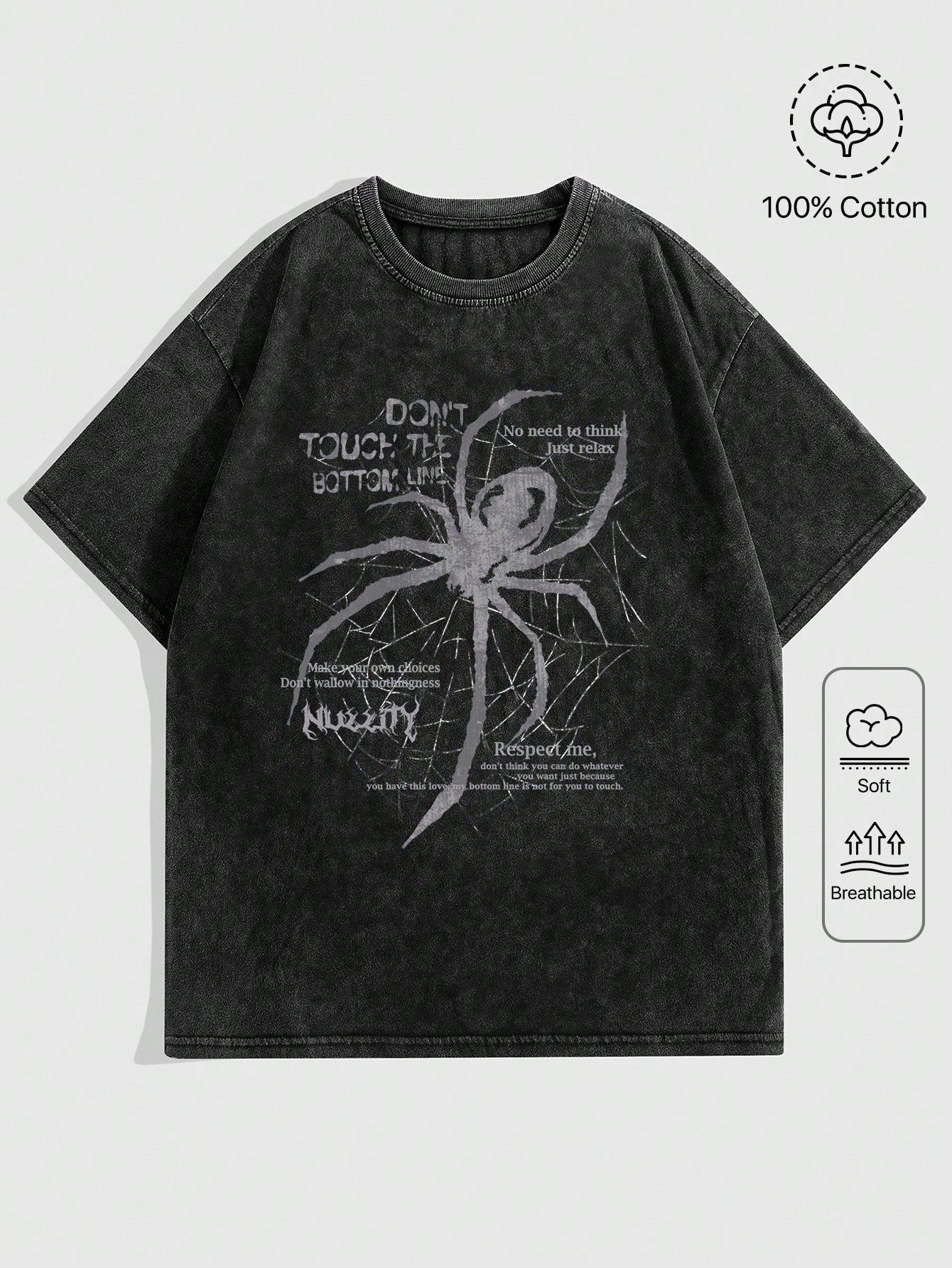 ROMWE Grunge Punk Plus Size Spider & Skull Printed Slogan T-Shirt With Frayed And Snow Washed Design, DON'T TOUCH THE BOTTOM LINE, School, For Summer