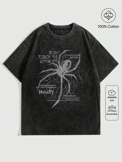 ROMWE Grunge Punk Plus Size Spider & Skull Printed Slogan T-Shirt With Frayed And Snow Washed Design, DON'T TOUCH THE BOTTOM LINE, School, For Summer