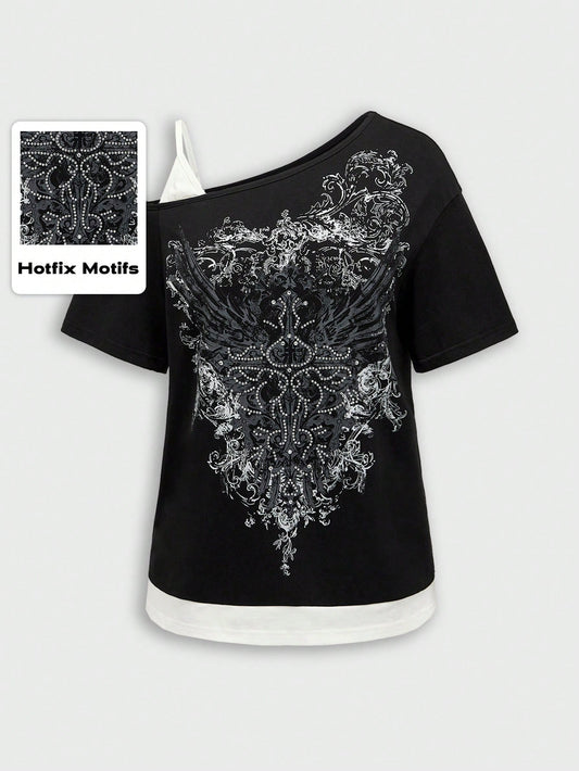 ROMWE Grunge Punk Plus Size Summer Grunge Style Music Festival Printed Rhinestone Asymmetrical Neck T-Shirt, School