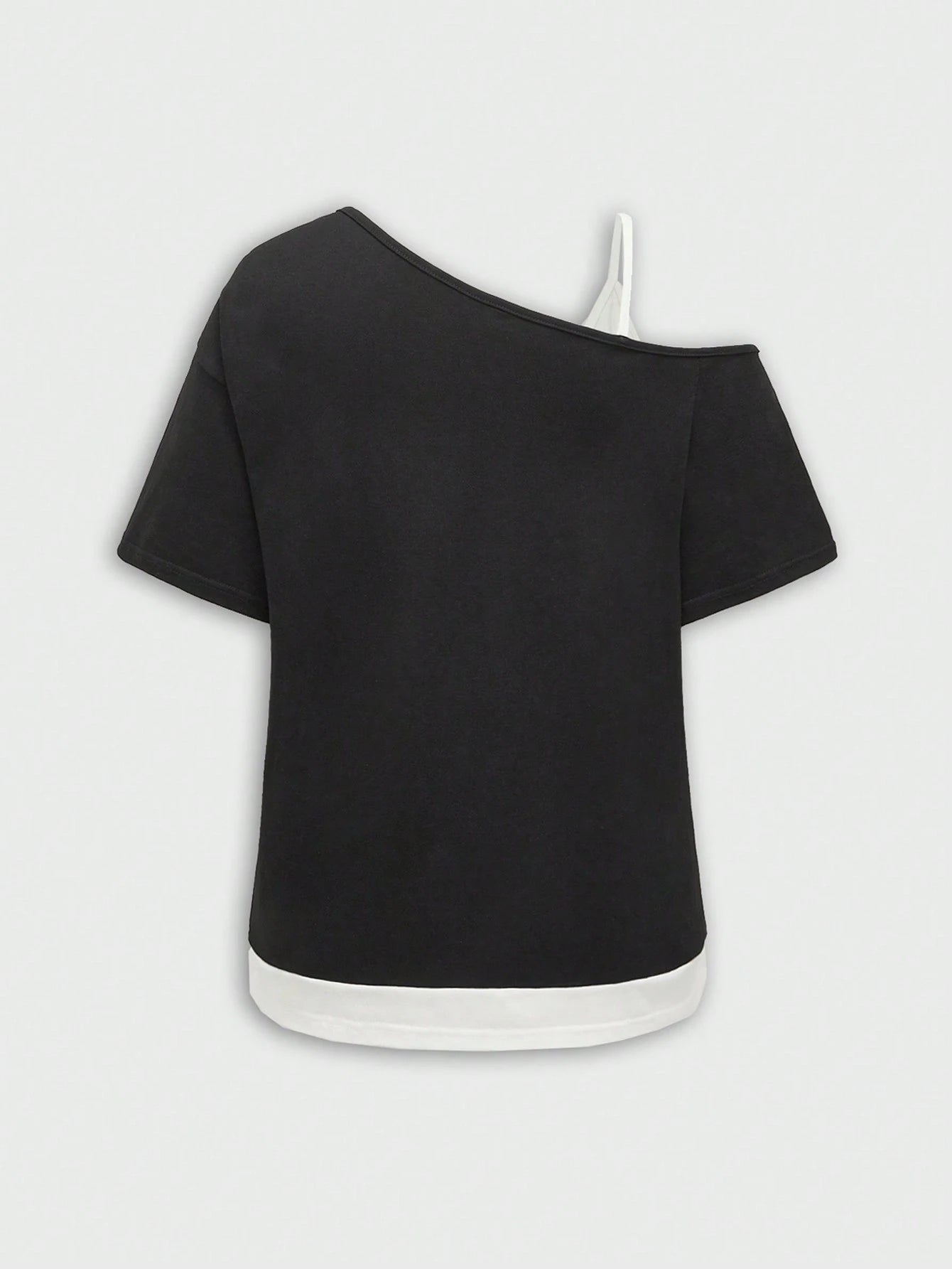 ROMWE Grunge Punk Plus Size Summer Grunge Style Music Festival Printed Rhinestone Asymmetrical Neck T-Shirt, School