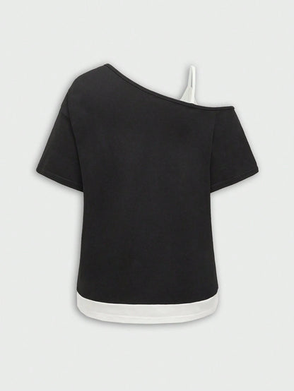 ROMWE Grunge Punk Plus Size Summer Grunge Style Music Festival Printed Rhinestone Asymmetrical Neck T-Shirt, School