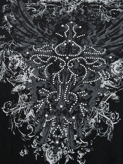 ROMWE Grunge Punk Plus Size Summer Grunge Style Music Festival Printed Rhinestone Asymmetrical Neck T-Shirt, School