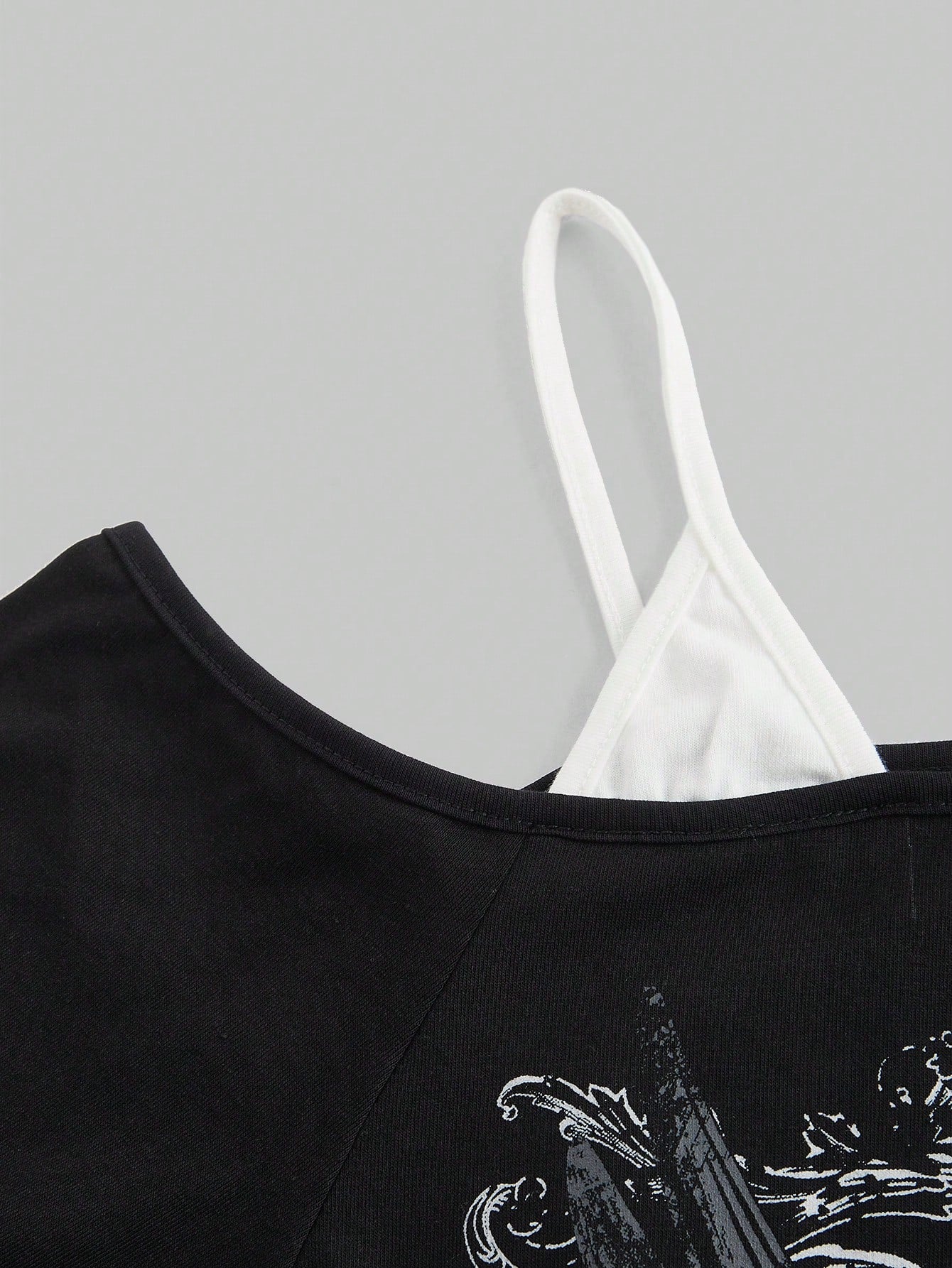 ROMWE Grunge Punk Plus Size Summer Grunge Style Music Festival Printed Rhinestone Asymmetrical Neck T-Shirt, School