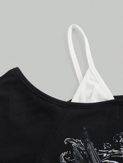 ROMWE Grunge Punk Plus Size Summer Grunge Style Music Festival Printed Rhinestone Asymmetrical Neck T-Shirt, School