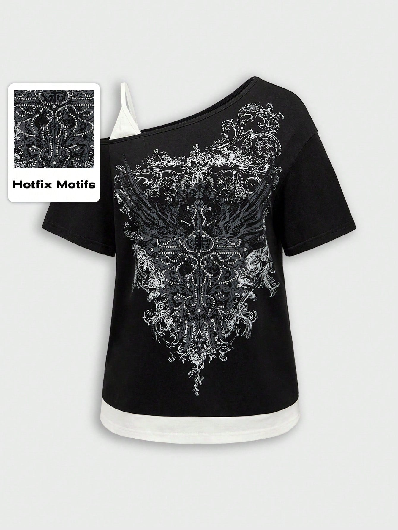 ROMWE Grunge Punk Plus Size Summer Grunge Style Music Festival Printed Rhinestone Asymmetrical Neck T-Shirt, School