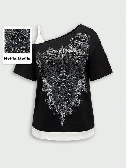 ROMWE Grunge Punk Plus Size Summer Grunge Style Music Festival Printed Rhinestone Asymmetrical Neck T-Shirt, School