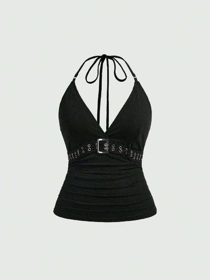 ROMWE Grunge Punk Plus Size Women's Retro Sexy Punk Halter Neck Sleeveless Top With Metal Eyelets Decoration, Versatile Street Style