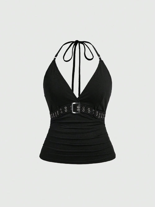 ROMWE Grunge Punk Plus Size Women's Retro Sexy Punk Halter Neck Sleeveless Top With Metal Eyelets Decoration, Versatile Street Style