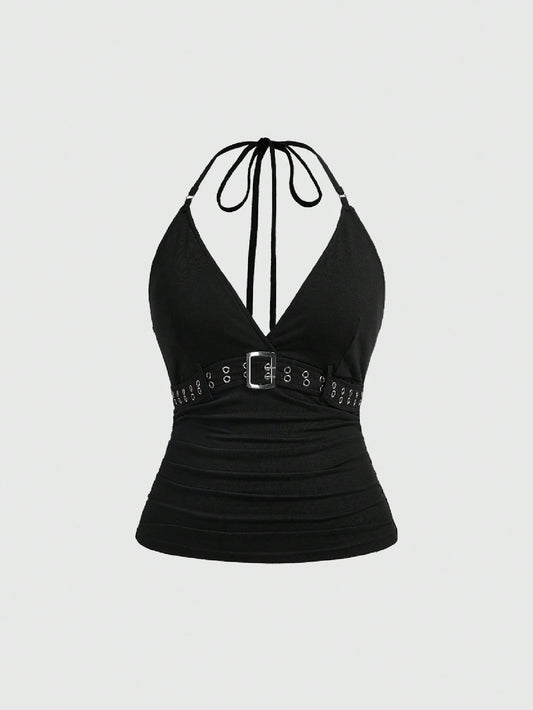 ROMWE Grunge Punk Plus Size Women's Retro Sexy Punk Halter Neck Sleeveless Top With Metal Eyelets Decoration, Versatile Street Style