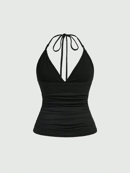 ROMWE Grunge Punk Plus Size Women's Retro Sexy Punk Halter Neck Sleeveless Top With Metal Eyelets Decoration, Versatile Street Style