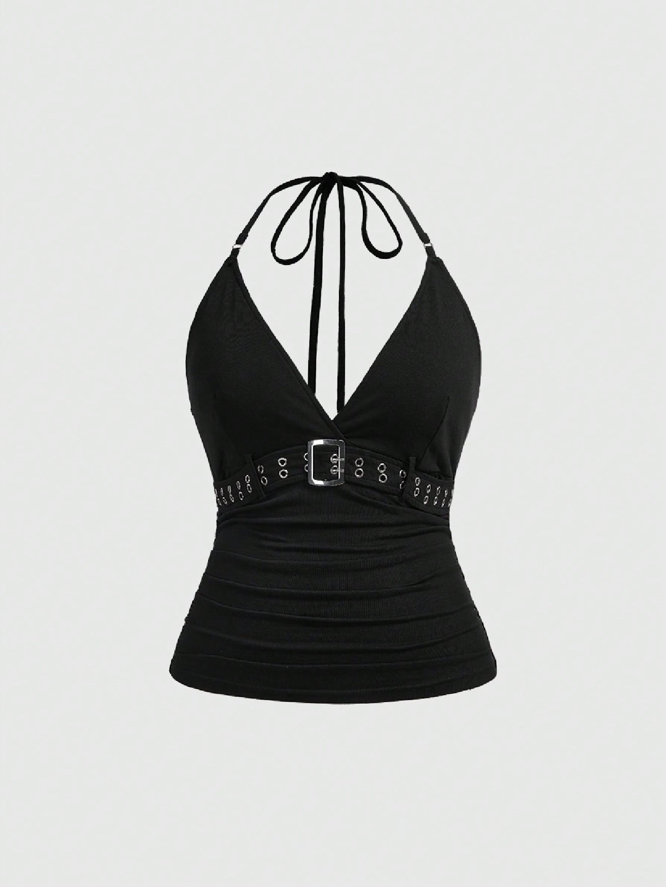 ROMWE Grunge Punk Plus Size Women's Retro Sexy Punk Halter Neck Sleeveless Top With Metal Eyelets Decoration, Versatile Street Style