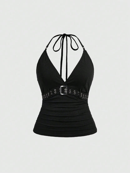 ROMWE Grunge Punk Plus Size Women's Retro Sexy Punk Halter Neck Sleeveless Top With Metal Eyelets Decoration, Versatile Street Style