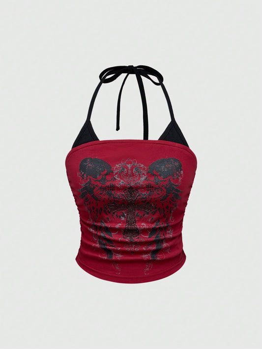 ROMWE Grunge Punk Plus Size Women Sexy Skull Color Contrast Halter Neck Tank Top