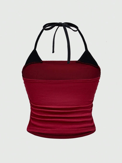ROMWE Grunge Punk Plus Size Women Sexy Skull Color Contrast Halter Neck Tank Top