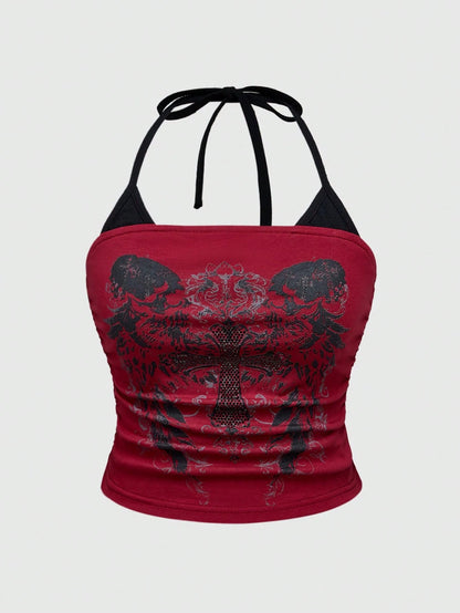 ROMWE Grunge Punk Plus Size Women Sexy Skull Color Contrast Halter Neck Tank Top