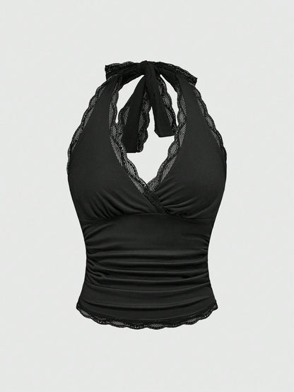 ROMWE Grunge Punk Spring|Summer Carnival Party Casual Black Plus Size Women Lace Trim Backless Halter Top