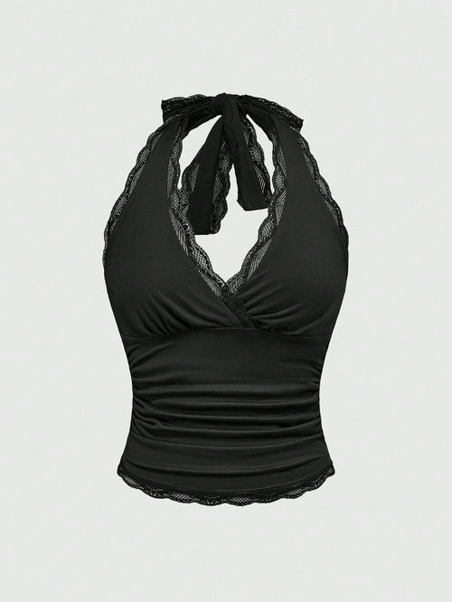 ROMWE Grunge Punk Spring|Summer Carnival Party Casual Black Plus Size Women Lace Trim Backless Halter Top