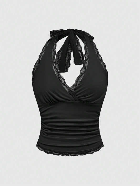 ROMWE Grunge Punk Spring|Summer Carnival Party Casual Black Plus Size Women Lace Trim Backless Halter Top