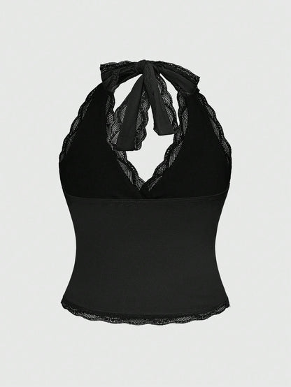 ROMWE Grunge Punk Spring|Summer Carnival Party Casual Black Plus Size Women Lace Trim Backless Halter Top