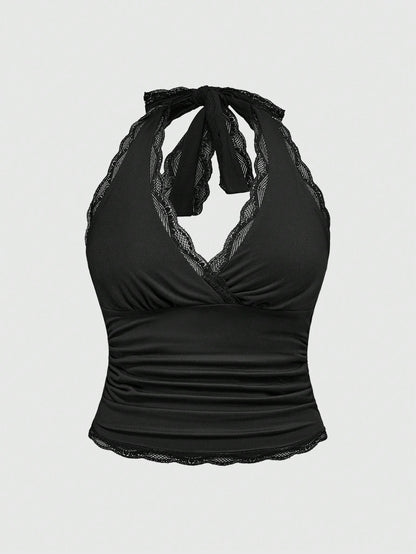 ROMWE Grunge Punk Spring|Summer Carnival Party Casual Black Plus Size Women Lace Trim Backless Halter Top