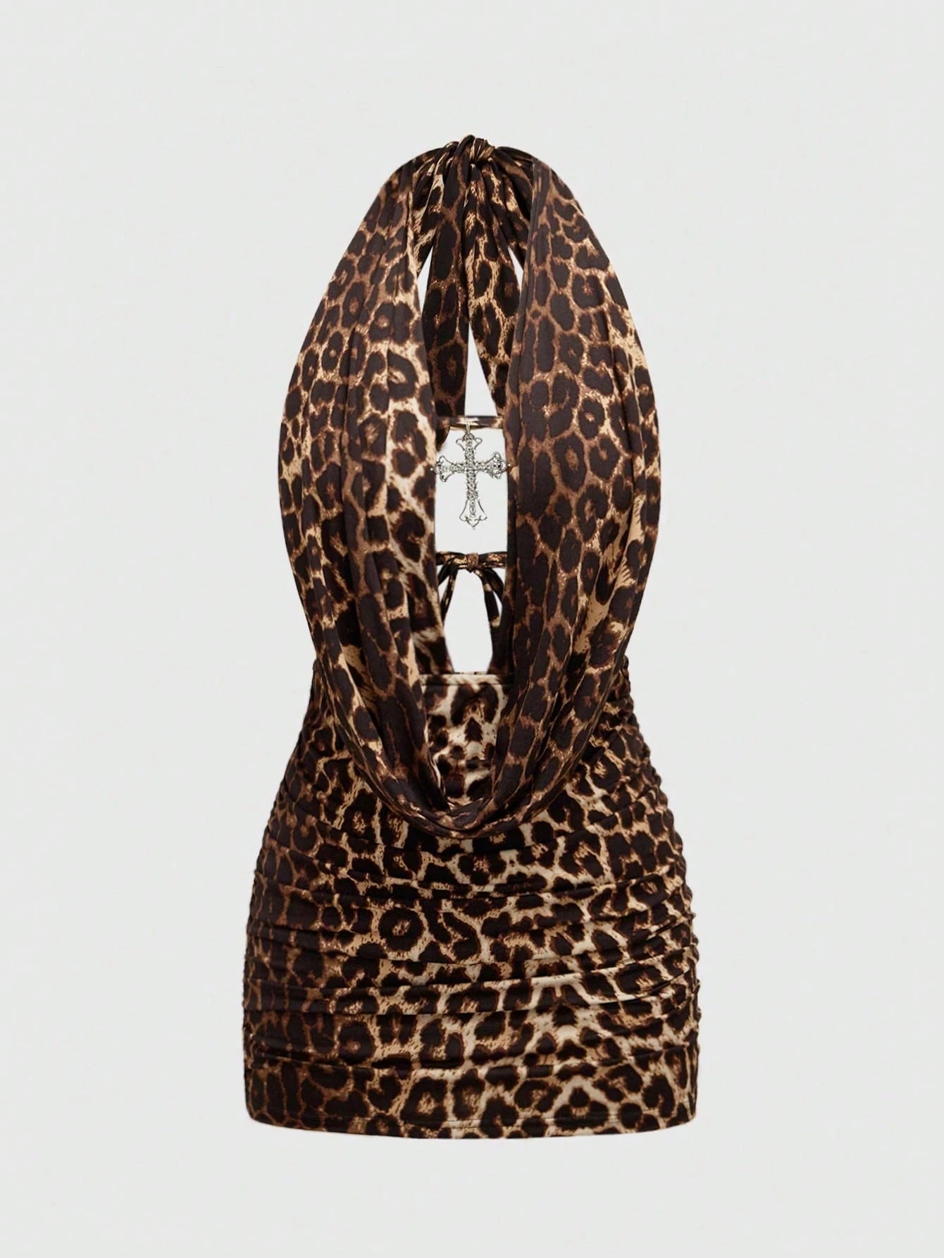 ROMWE Grunge Punk Spring/Summer Carnival Party Leopard Sexy Leopard Print Cross Pendant Draped Neck Backless Mini Dress