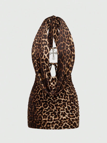 ROMWE Grunge Punk Spring/Summer Carnival Party Leopard Sexy Leopard Print Cross Pendant Draped Neck Backless Mini Dress