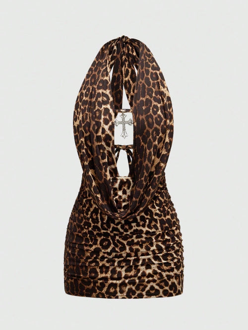 ROMWE Grunge Punk Spring/Summer Carnival Party Leopard Sexy Leopard Print Cross Pendant Draped Neck Backless Mini Dress
