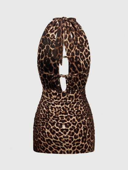 ROMWE Grunge Punk Spring/Summer Carnival Party Leopard Sexy Leopard Print Cross Pendant Draped Neck Backless Mini Dress