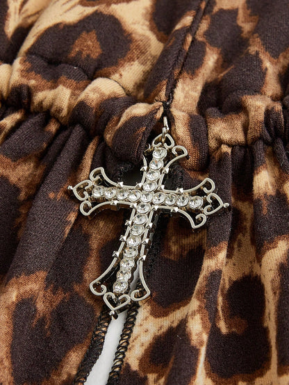 ROMWE Grunge Punk Spring/Summer Carnival Party Leopard Sexy Leopard Print Cross Pendant Draped Neck Backless Mini Dress