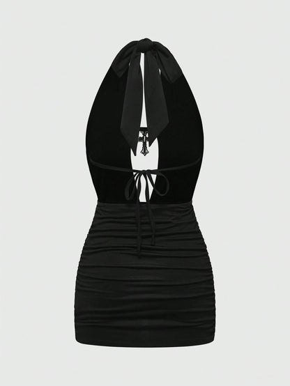 ROMWE Grunge Punk Spring/Summer Carnival Party Leopard Sexy Leopard Print Cross Pendant Draped Neck Backless Mini Dress