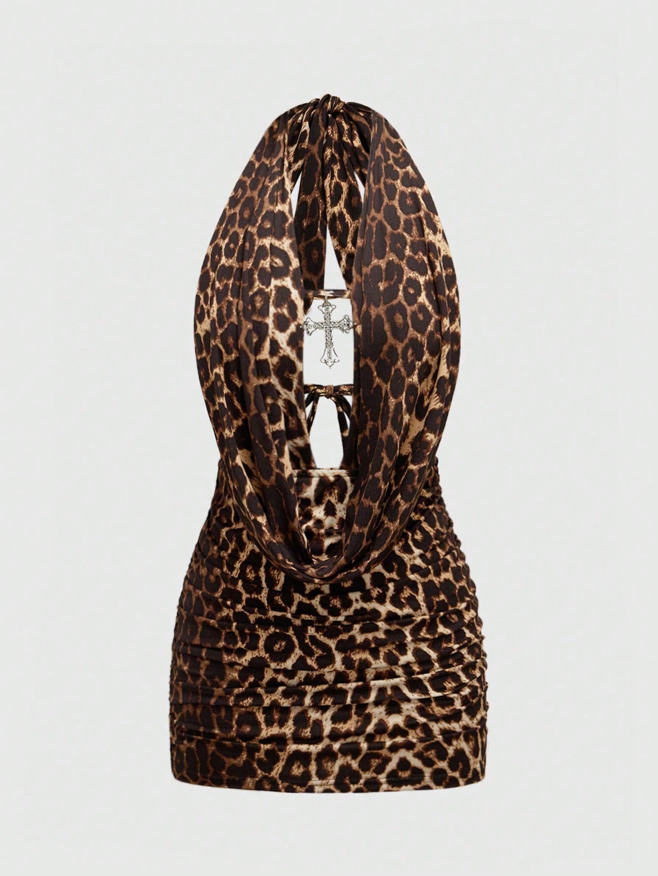 ROMWE Grunge Punk Spring/Summer Carnival Party Leopard Sexy Leopard Print Cross Pendant Draped Neck Backless Mini Dress