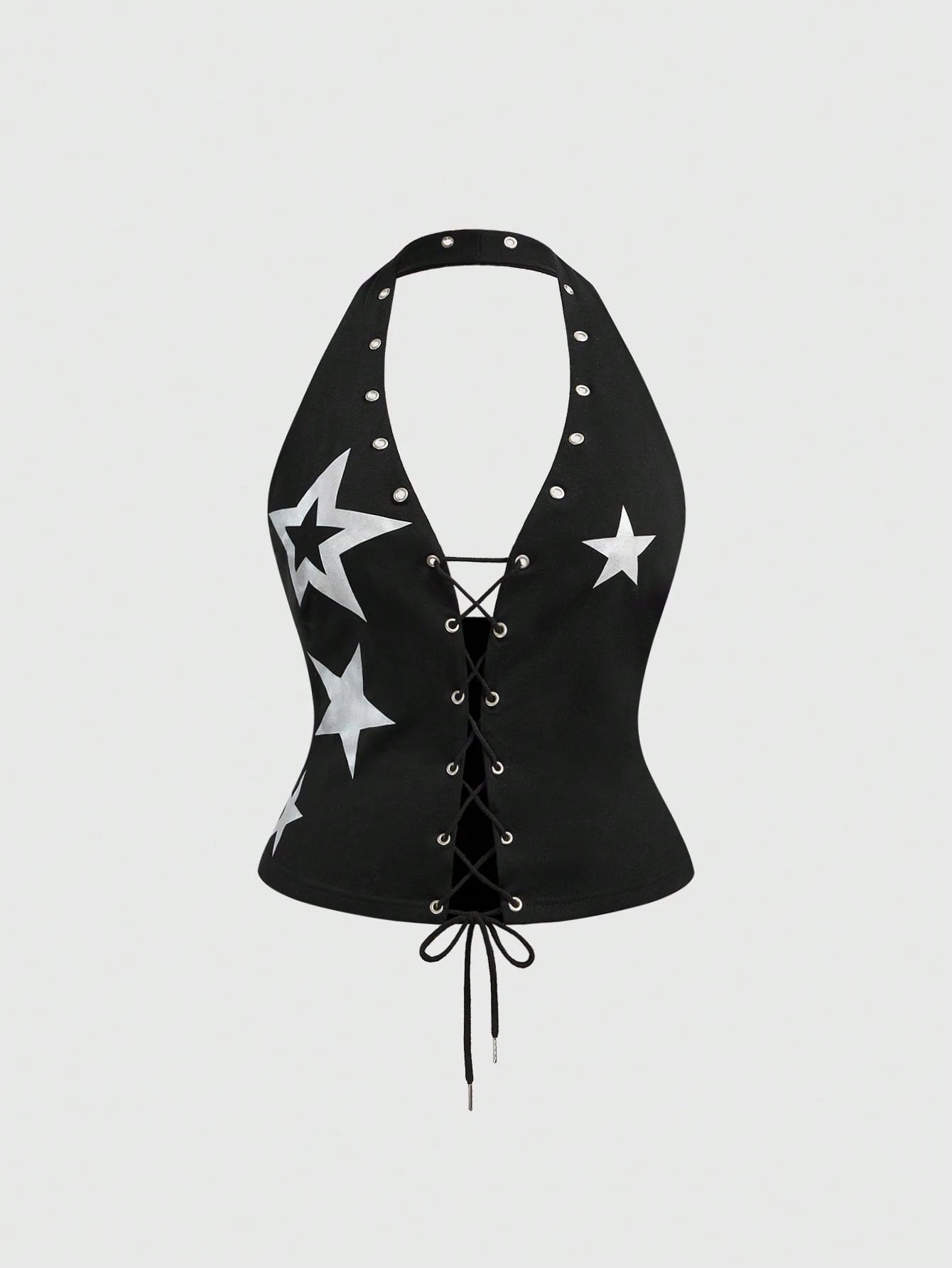 ROMWE Grunge Punk Spring/Summer Plus Size Fashion Star Print Criss-Cross Backless Halter Top Valentine's Day