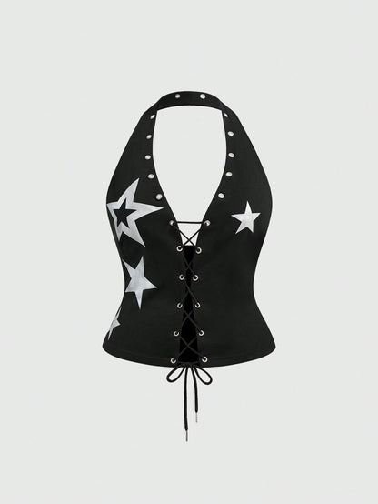 ROMWE Grunge Punk Spring/Summer Plus Size Fashion Star Print Criss-Cross Backless Halter Top Valentine's Day
