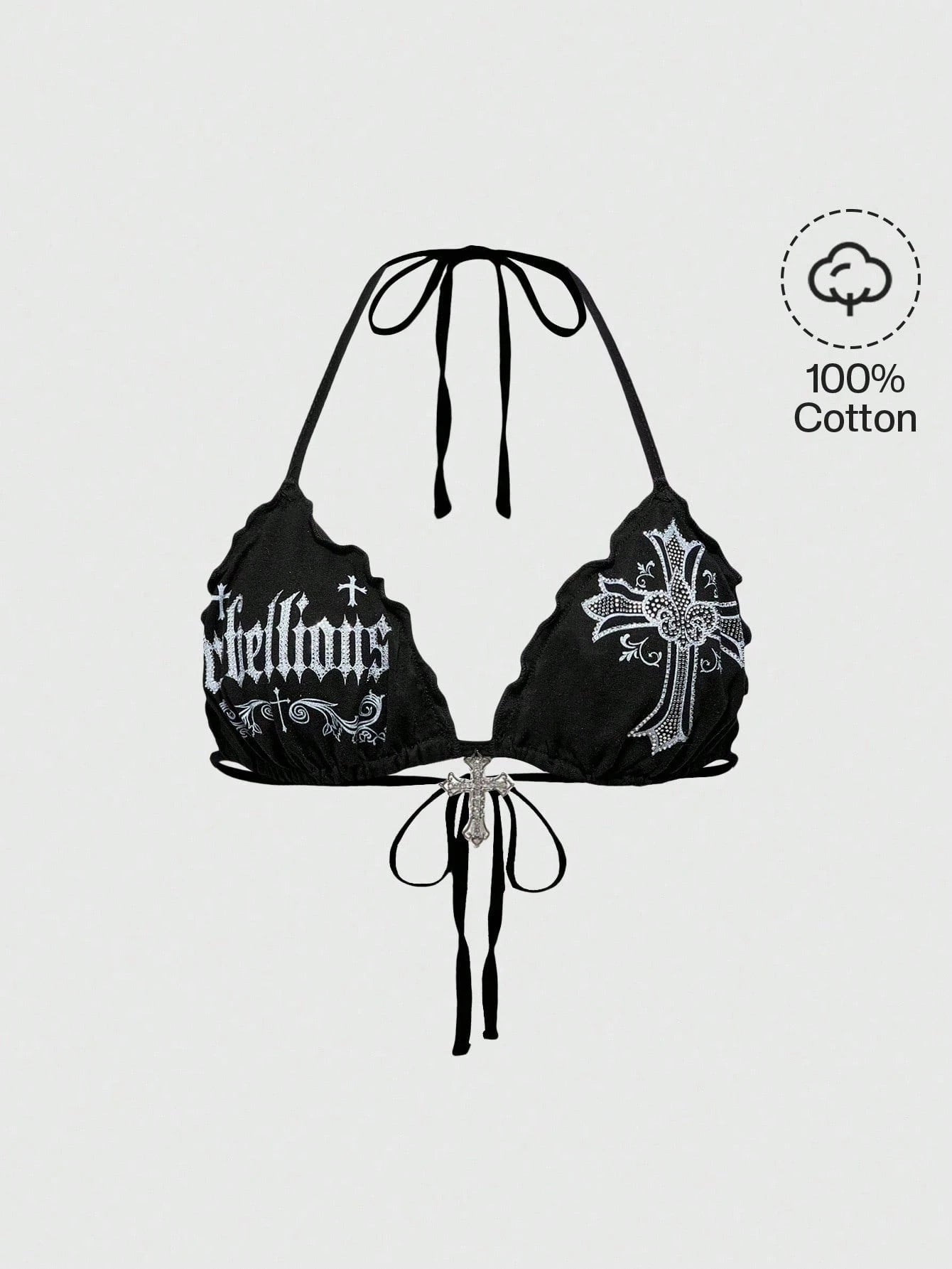 ROMWE Grunge Punk Spring/Summer Vacation Black Y2K Sexy Gothic Cross Print Rhinestone Decor Plus Size Bikini Tank Top