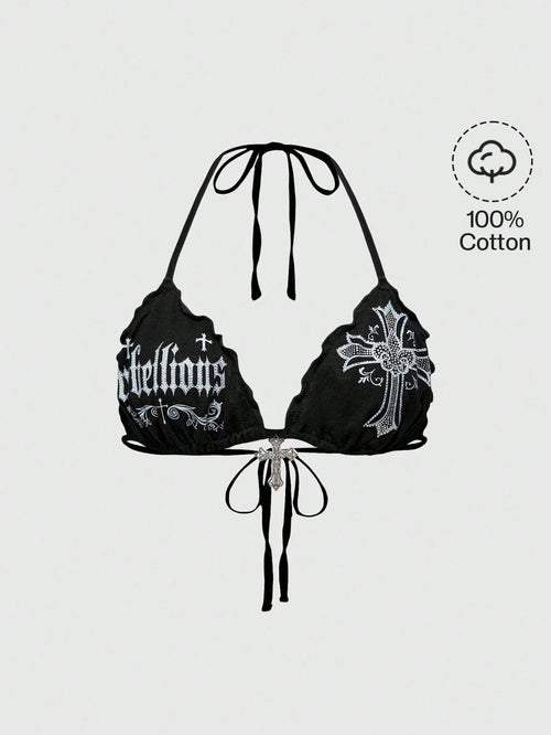 ROMWE Grunge Punk Spring/Summer Vacation Black Y2K Sexy Gothic Cross Print Rhinestone Decor Plus Size Bikini Tank Top