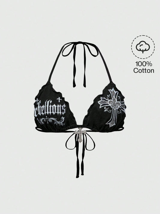ROMWE Grunge Punk Spring/Summer Vacation Black Y2K Sexy Gothic Cross Print Rhinestone Decor Plus Size Bikini Tank Top
