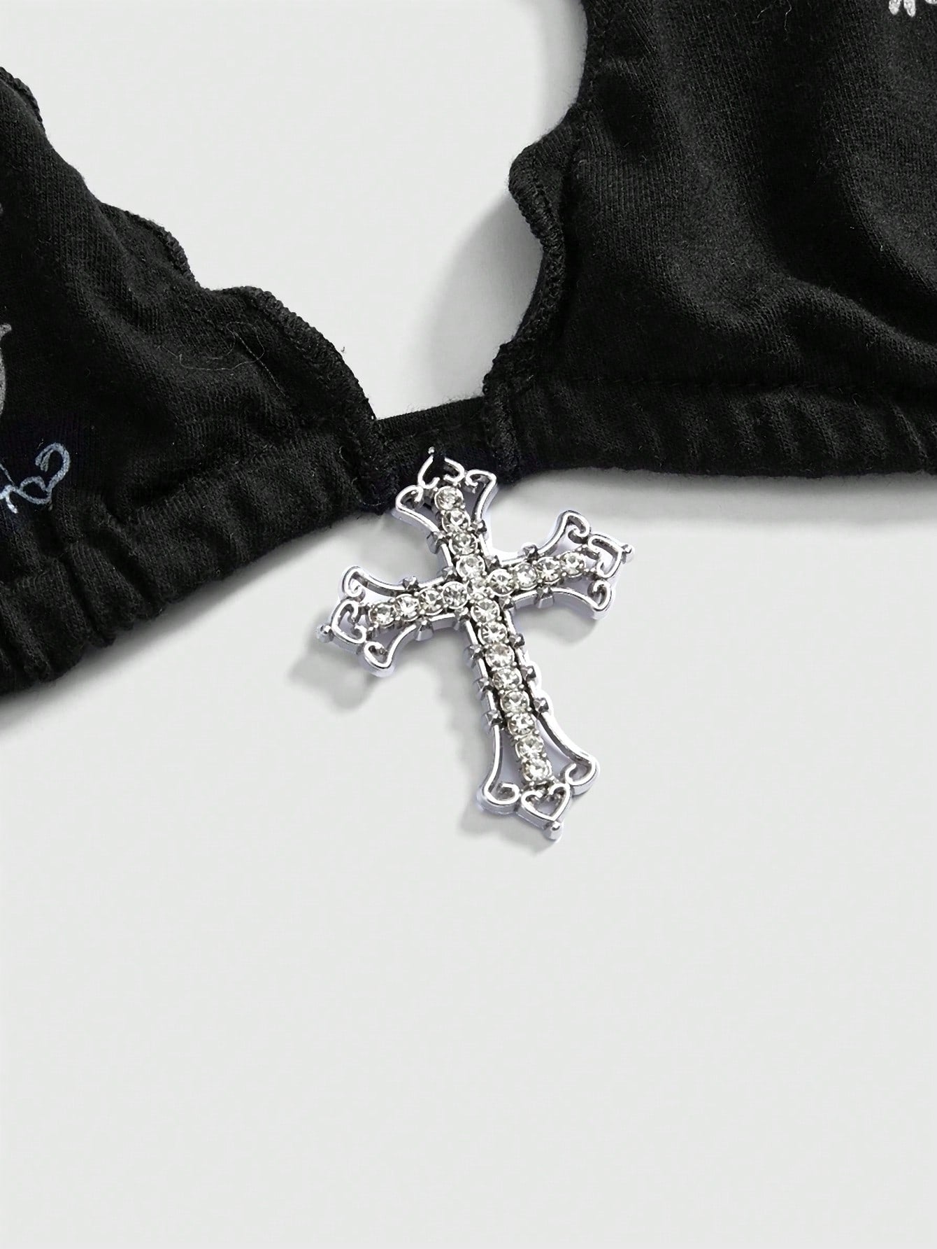 ROMWE Grunge Punk Spring/Summer Vacation Black Y2K Sexy Gothic Cross Print Rhinestone Decor Plus Size Bikini Tank Top