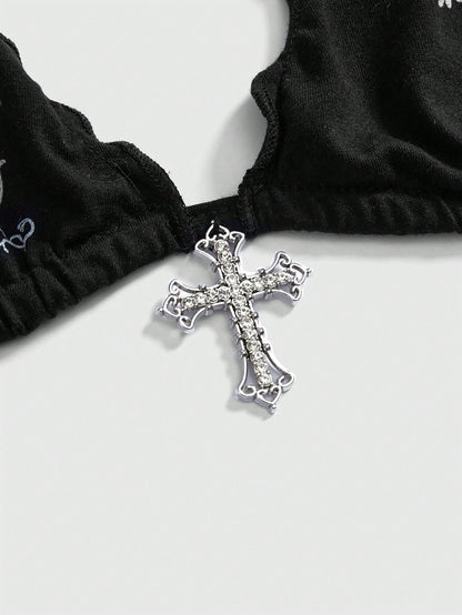 ROMWE Grunge Punk Spring/Summer Vacation Black Y2K Sexy Gothic Cross Print Rhinestone Decor Plus Size Bikini Tank Top