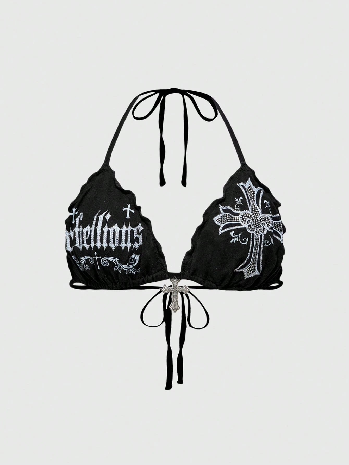 ROMWE Grunge Punk Spring/Summer Vacation Black Y2K Sexy Gothic Cross Print Rhinestone Decor Plus Size Bikini Tank Top