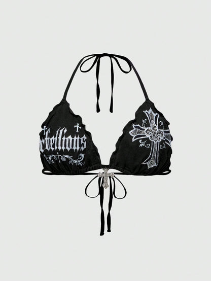 ROMWE Grunge Punk Spring/Summer Vacation Black Y2K Sexy Gothic Cross Print Rhinestone Decor Plus Size Bikini Tank Top