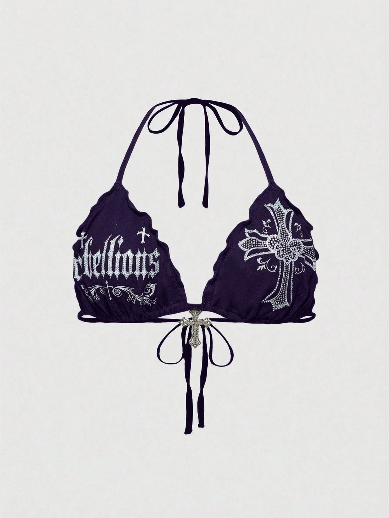 ROMWE Grunge Punk Spring/Summer Vacation Black Y2K Sexy Gothic Cross Print Rhinestone Decor Plus Size Bikini Tank Top